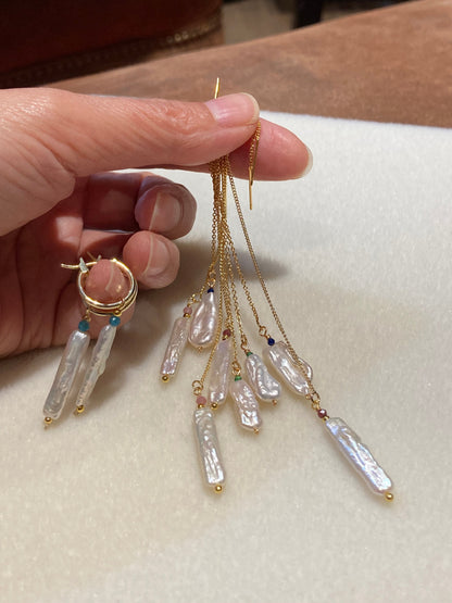 Unique Design Freshwater Pearl Gemstone Threader Earrings