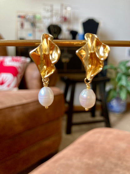 Lava Stud Freshwater Pearl Contemporary Design Golden Earrings