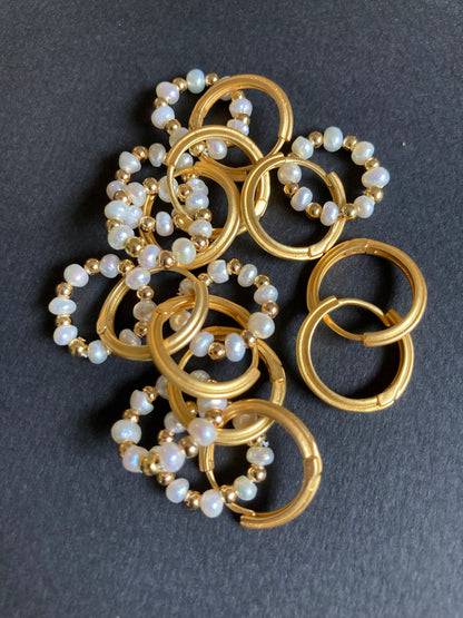 Matte Gold Textured Huggies Earrings w/Freshwater Pearl Wreath
