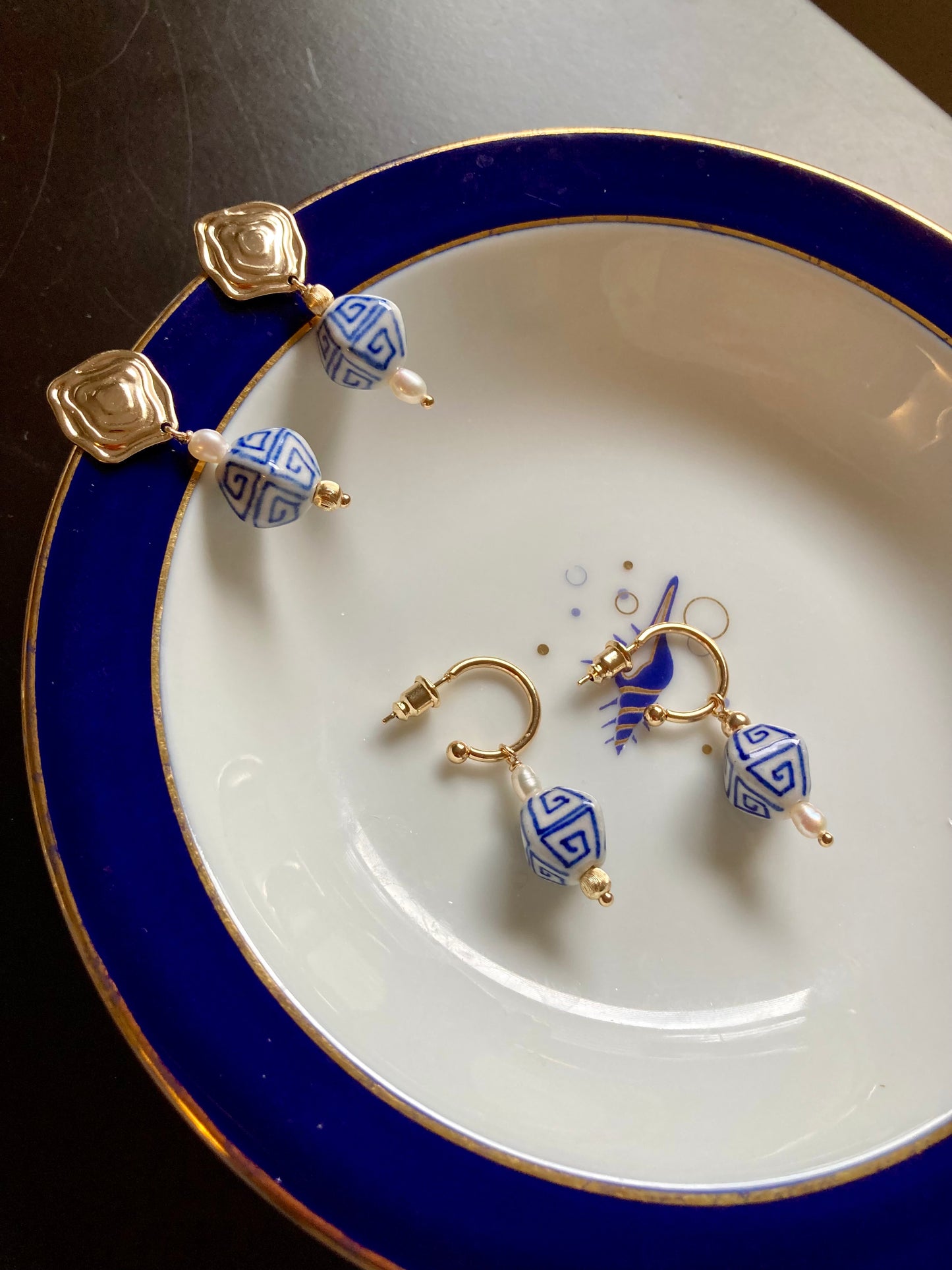 Interchangeable Modern Design Golden Huggie Earrings with Hand Painted Ancient Pattern