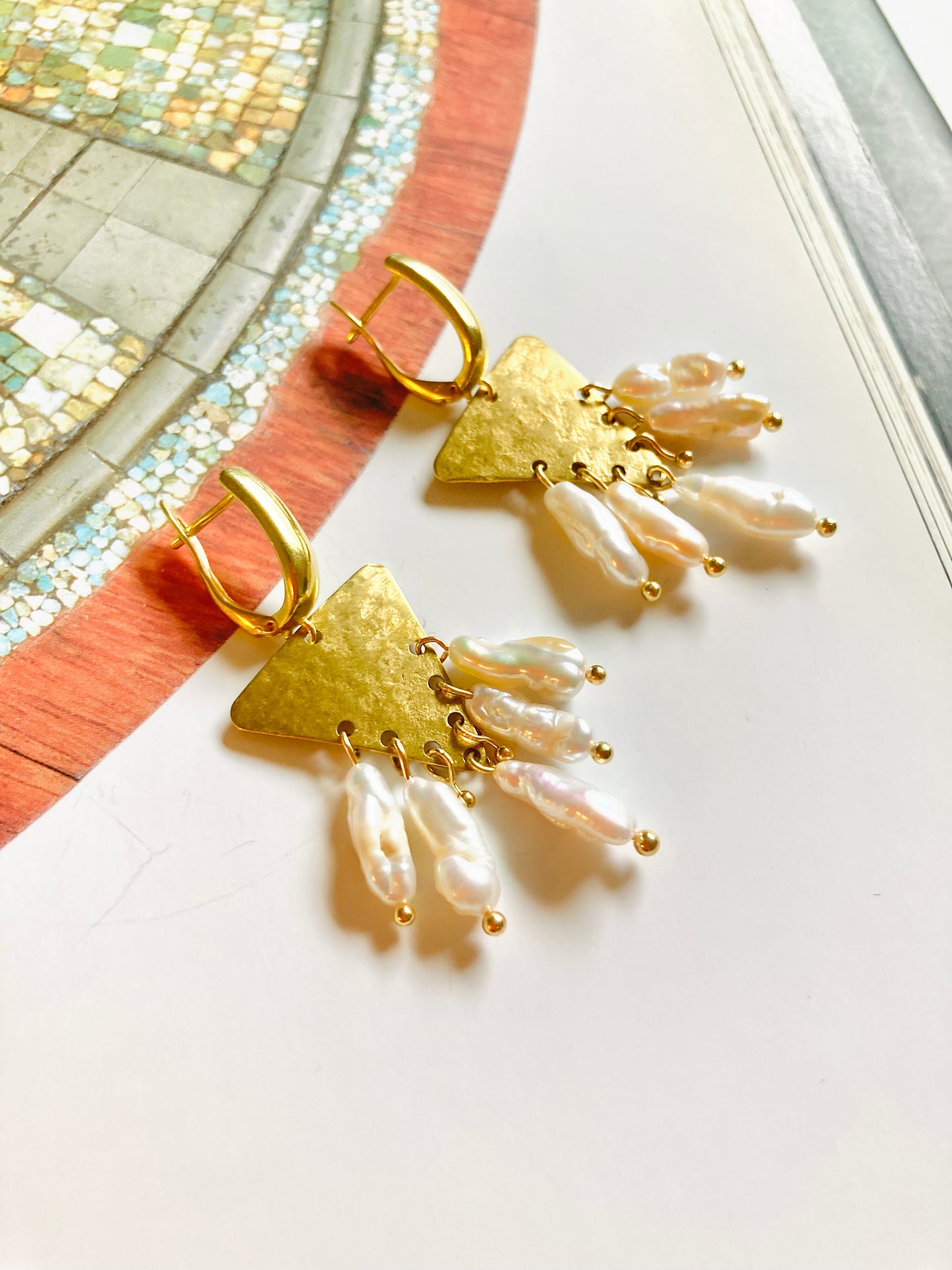 Tulum•Unique Hand Hammered Golden Geometric Freshwater Pearl Earrings