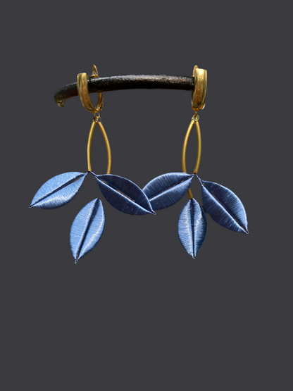 Ocean Blue Unique Design Statement Silky Floral Dangling Stud Earrings-Handmade