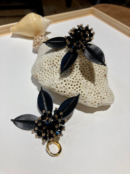 Elegant Handmade Shiny Black Beads Silky Thread Leaf Floral Earrings