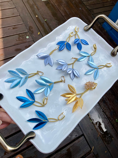 Ocean Blue Unique Design Statement Silky Floral Dangling Stud Earrings-Handmade
