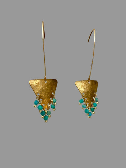 Tulum•Unique Hand Hammered Golden Geometric Turquoise Beads Tassel Earrings
