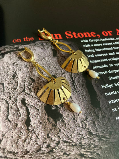 Aztec-Tulum•Unique Freshwater Pearl Golden Geometric Hand Hammered Brass Earrings