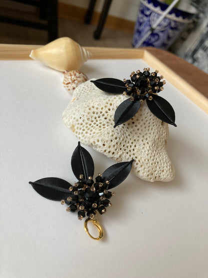 Elegant Handmade Shiny Black Beads Silky Thread Leaf Floral Earrings