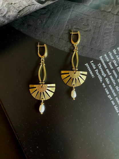 Aztec-Tulum•Unique Freshwater Pearl Golden Geometric Hand Hammered Brass Earrings
