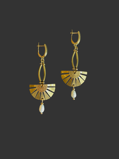 Aztec-Tulum•Unique Freshwater Pearl Golden Geometric Hand Hammered Brass Earrings