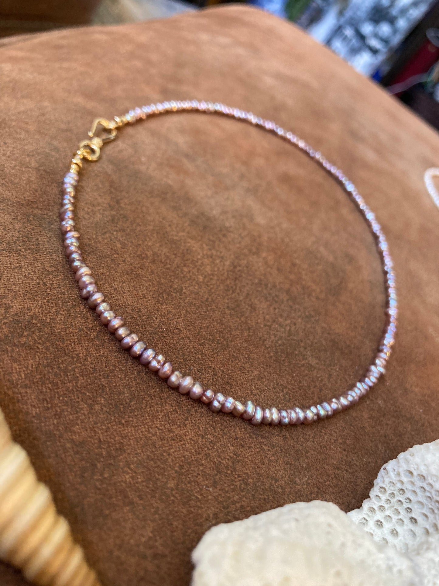 Tiny Purple Freshwater Pearl & Golden Choker Necklace Set