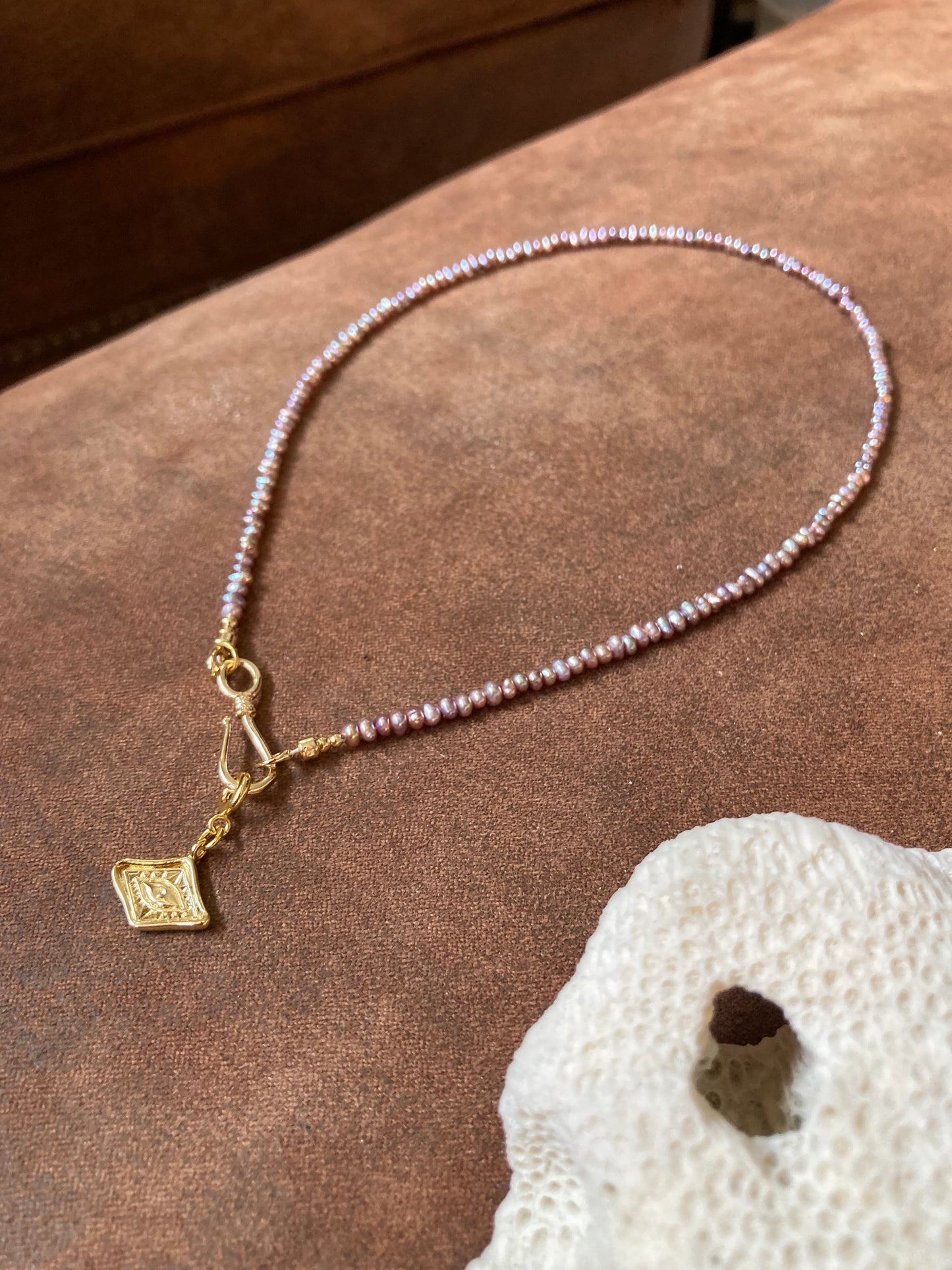 Tiny Purple Freshwater Pearl & Golden Choker Necklace Set