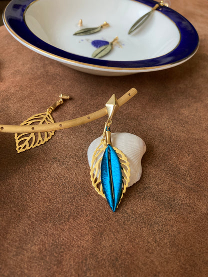 Interchangeable Gold Shiny Peacock Blue Silky Thread Leaf Dangling Earrings