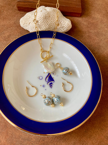 Esperanza•Unique Design Interchangeable Golden Necklace with Natural Baroque Pearl & Hand Painted Ancient Chinese Character of Long-Life Ceramic Bead