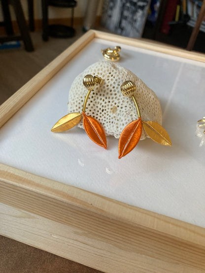 Unique Versatile Design Silky Thread Orange Gold Floral Gold Studs Earrings-Handmade Cultural Jewelry