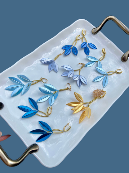 Ocean Blue Unique Design Statement Silky Floral Dangling Stud Earrings-Handmade