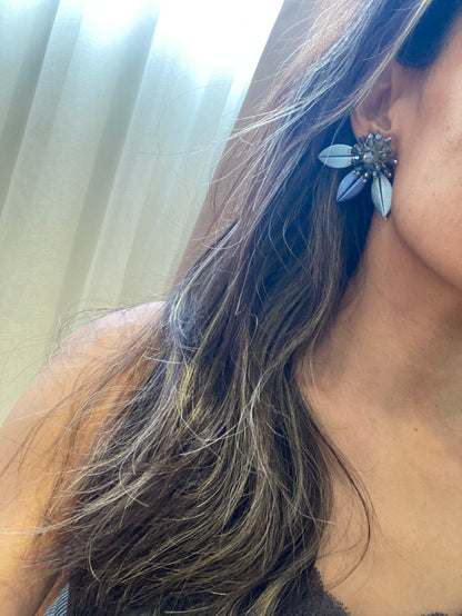 Elegant Handmade Shiny Peacock Blue Silky Thread Leaf Floral Earrings