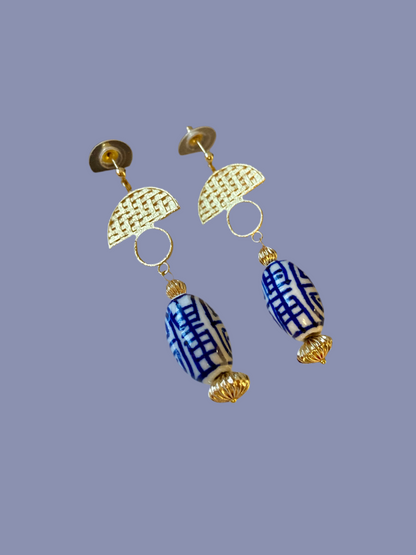 Gwen•Statement Golden Stud Earrings with Hand Painted Ceramic Ancient Character of Long-Life Beads