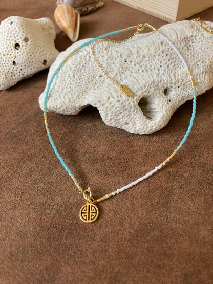 Fun Chic Interchangeable  Blessing Necklace & Bracelet Set 
9+ways to style Freshwater Pearl & Ancient Character Long-Life Charm