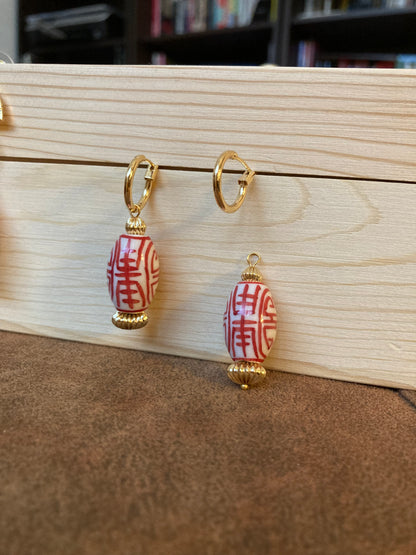 Interchangeable Huggies Earrings with Hand Painted Ceramic Ancient Character of Long-Life Ceramic Beads