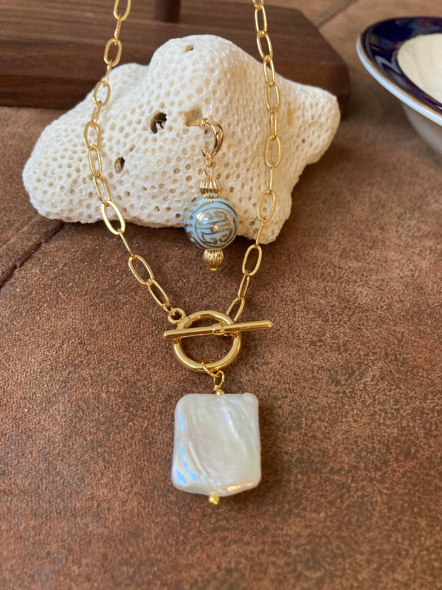 Esperanza•Unique Design Interchangeable Golden Necklace with Natural Baroque Pearl & Hand Painted Ancient Chinese Character of Long-Life Ceramic Bead