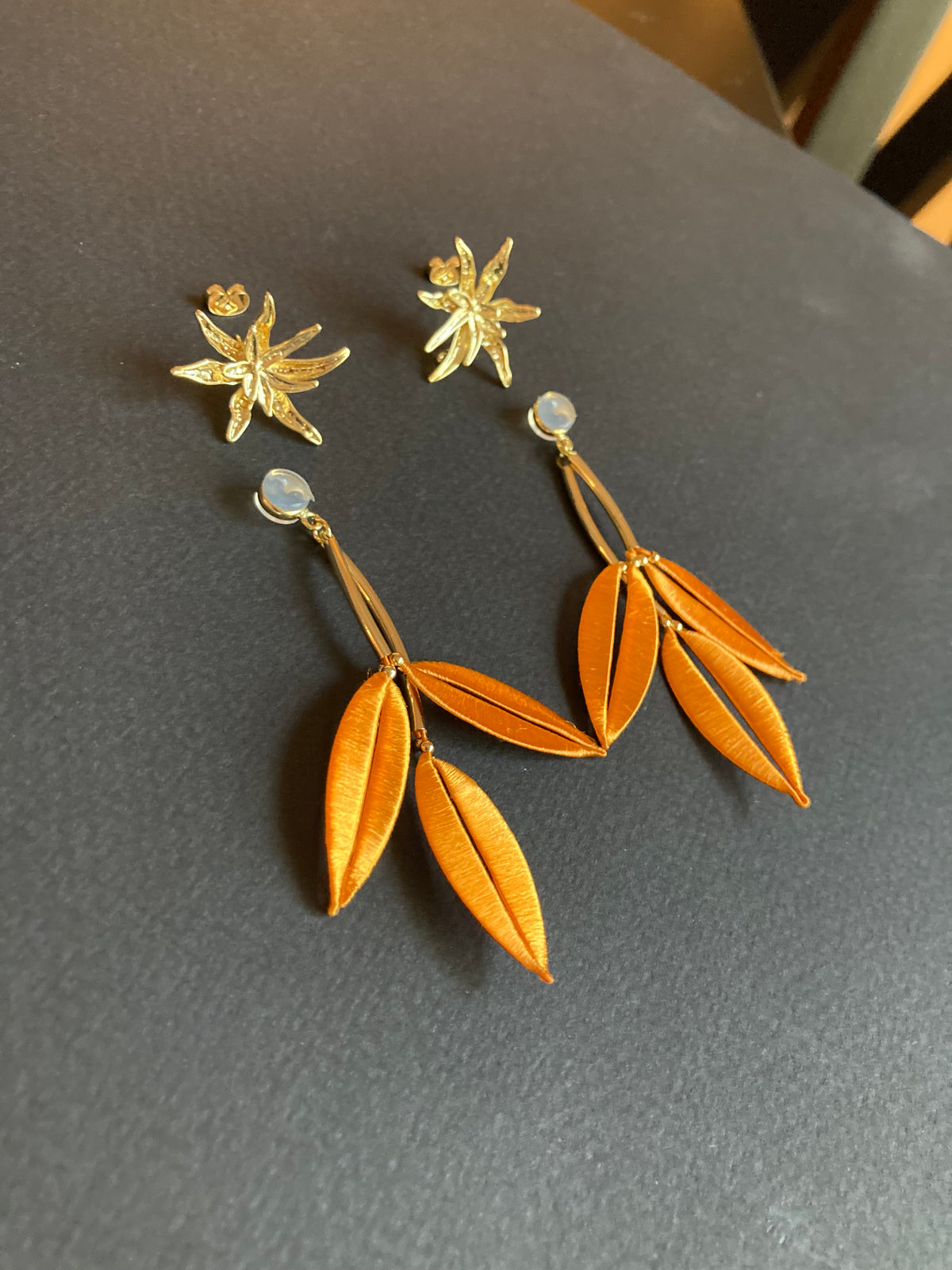 Versatile Design Silky Thread Orange Gold Floral Gold Studs Earrings-Handmade Cultural Jewelry