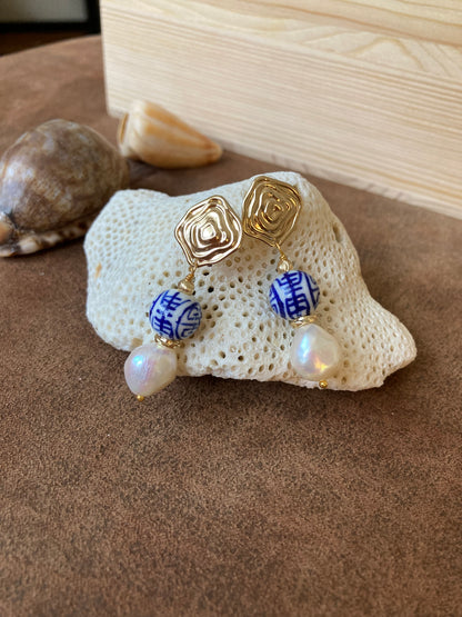 Statement Golden Stud Earrings in Freshwater Pearl & Hand Painted Ancient Character of Long-Life Ceramic Beads