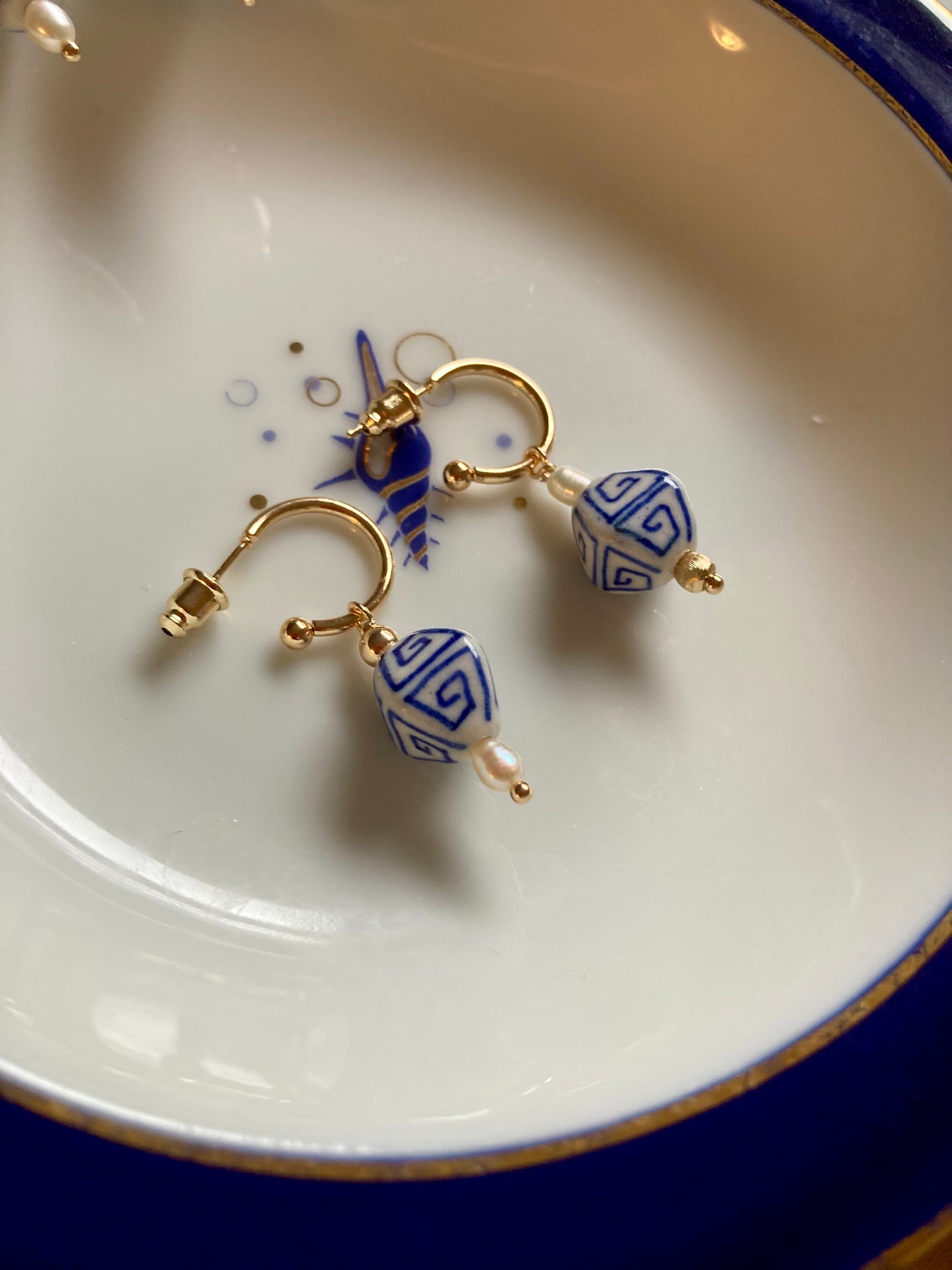 Interchangeable Modern Design Golden Huggie Earrings with Hand Painted Ancient Pattern