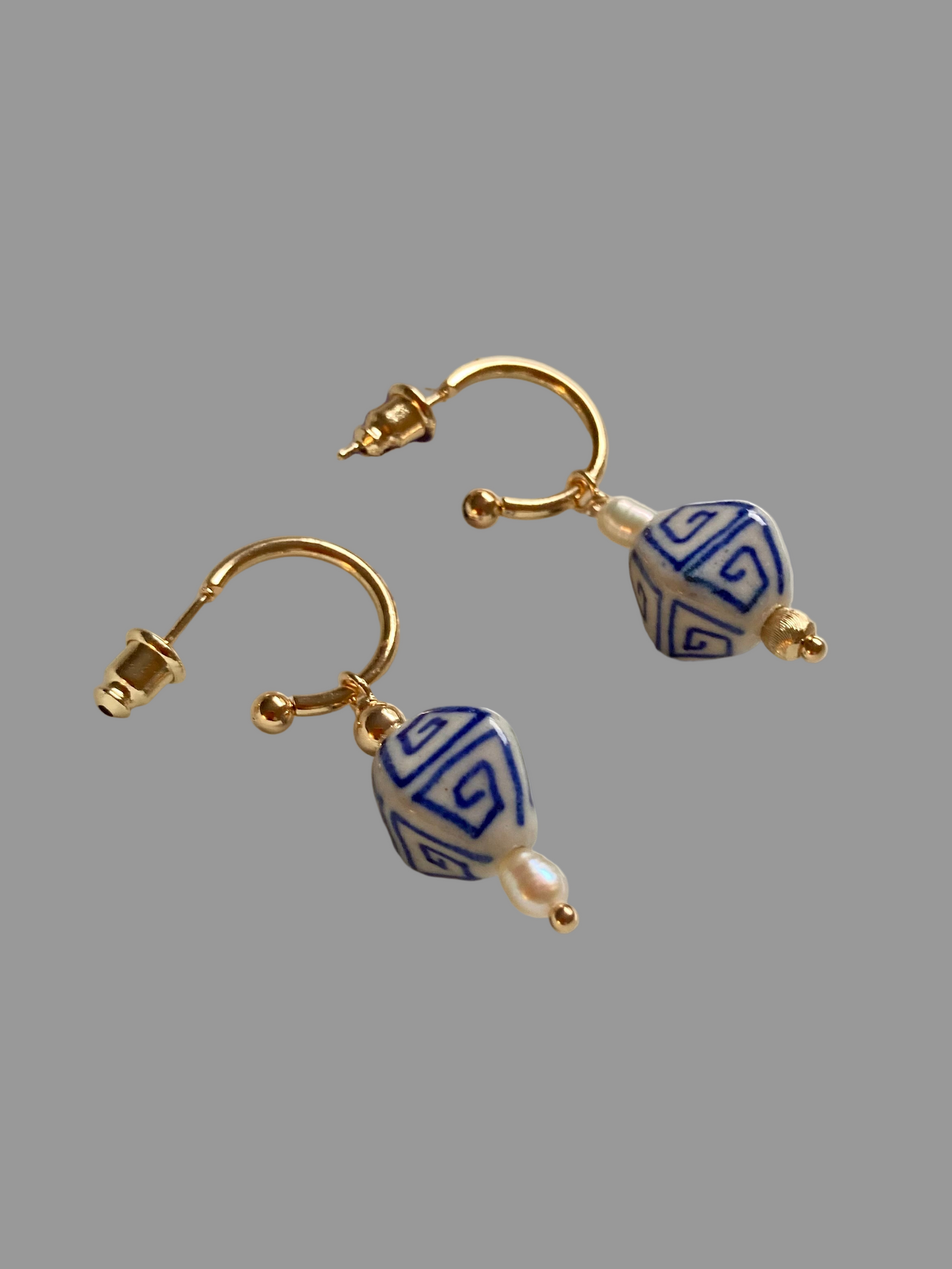 Interchangeable Modern Design Golden Huggie Earrings with Hand Painted Ancient Pattern