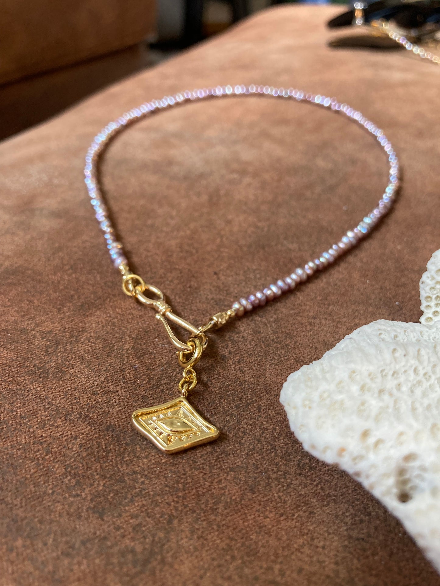 Tiny Purple Freshwater Pearl & Golden Choker Necklace Set