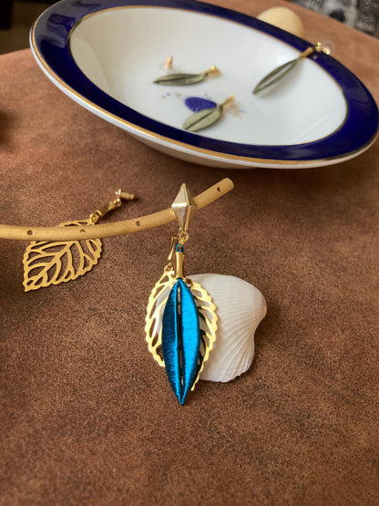 Interchangeable Gold Shiny Peacock Blue Silky Thread Leaf Dangling Earrings