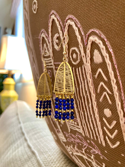 Lapis Lazuli Beads Golden Tree Tassel Earrings