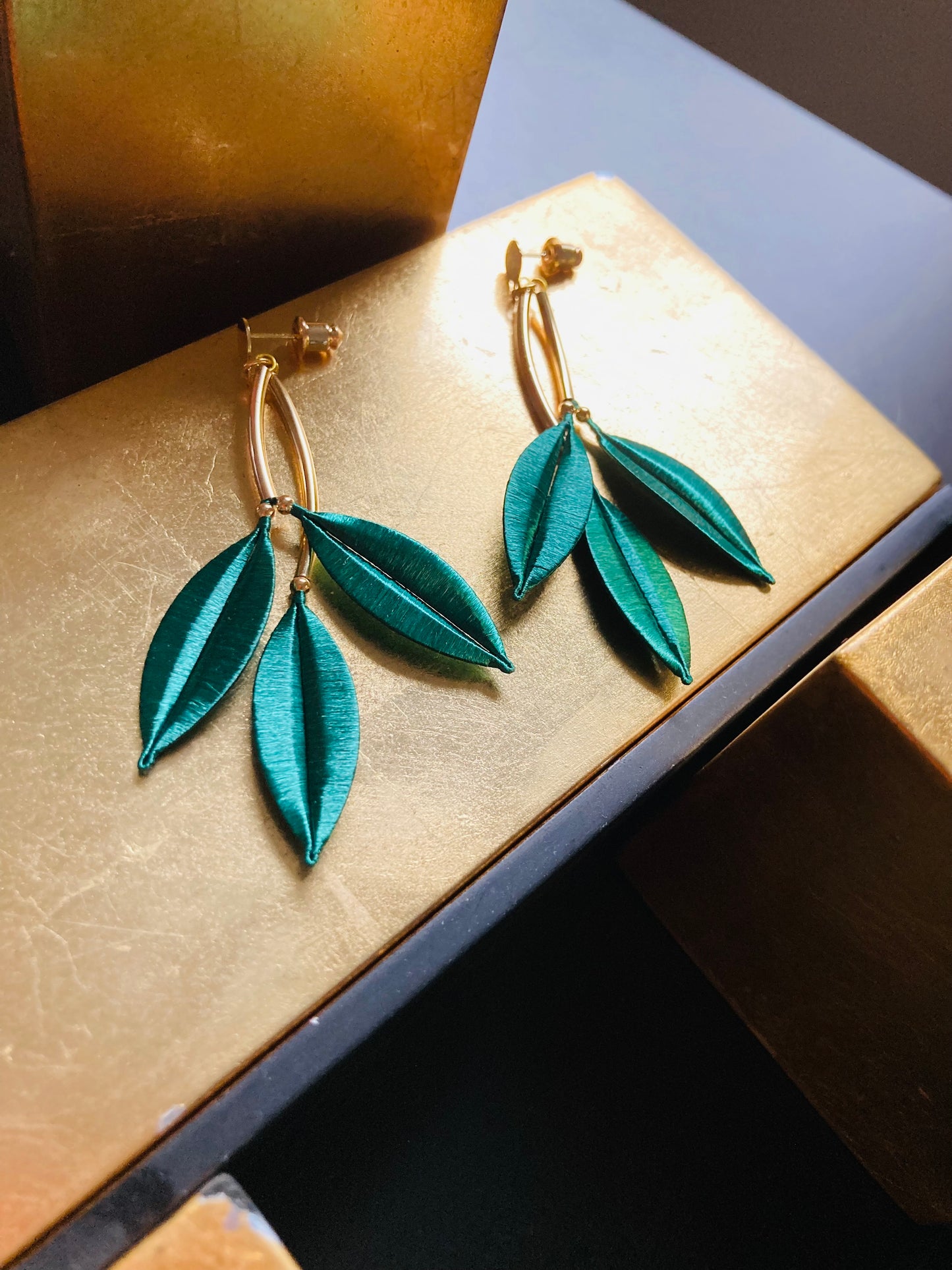 Statement Golden Hand-wrapped Silky Green Leaf Floral Earrings