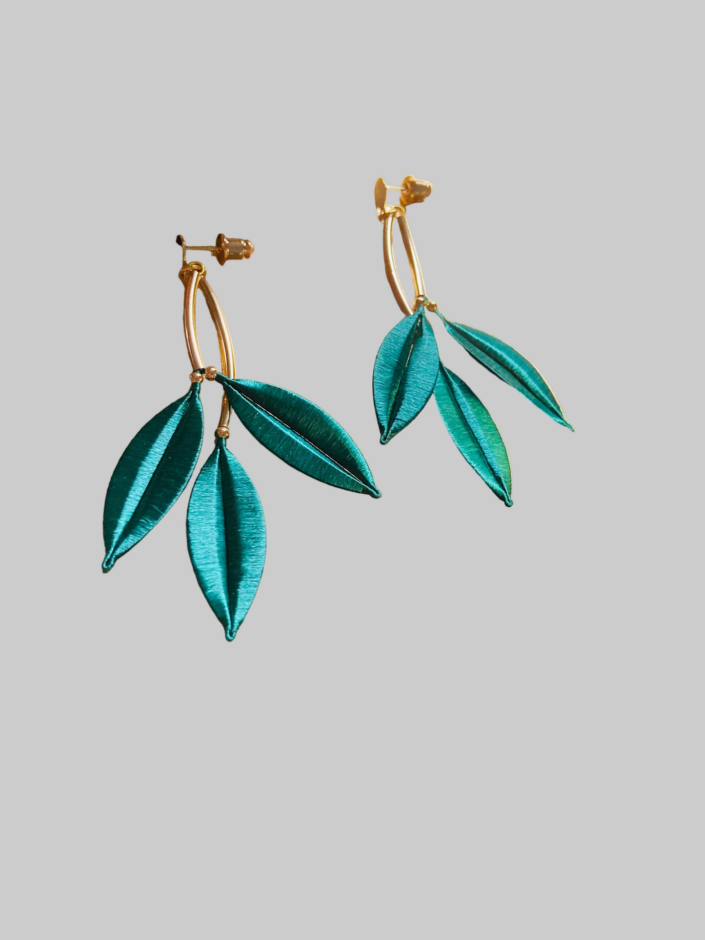 Statement Golden Hand-wrapped Silky Green Leaf Floral Earrings