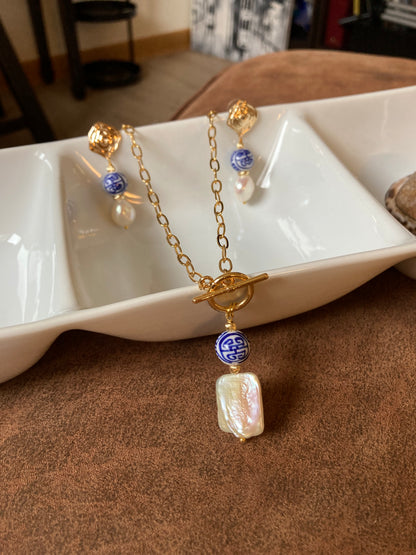 Set-Statement Golden Baroque Pearl Necklace & Stud Earrings Set with Hand Painted Ancient Chinese Character of Long-Life Ceramic Beads