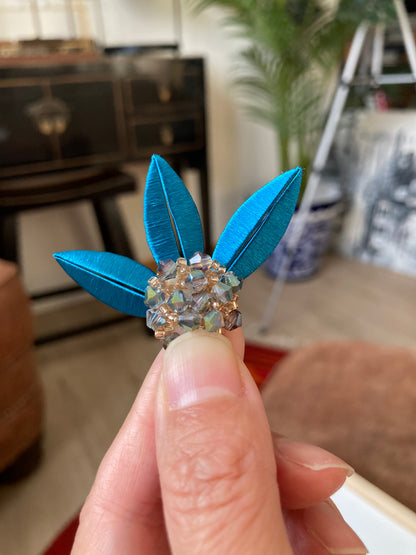 Elegant Handmade Shiny Peacock Blue Silky Thread Leaf Floral Earrings