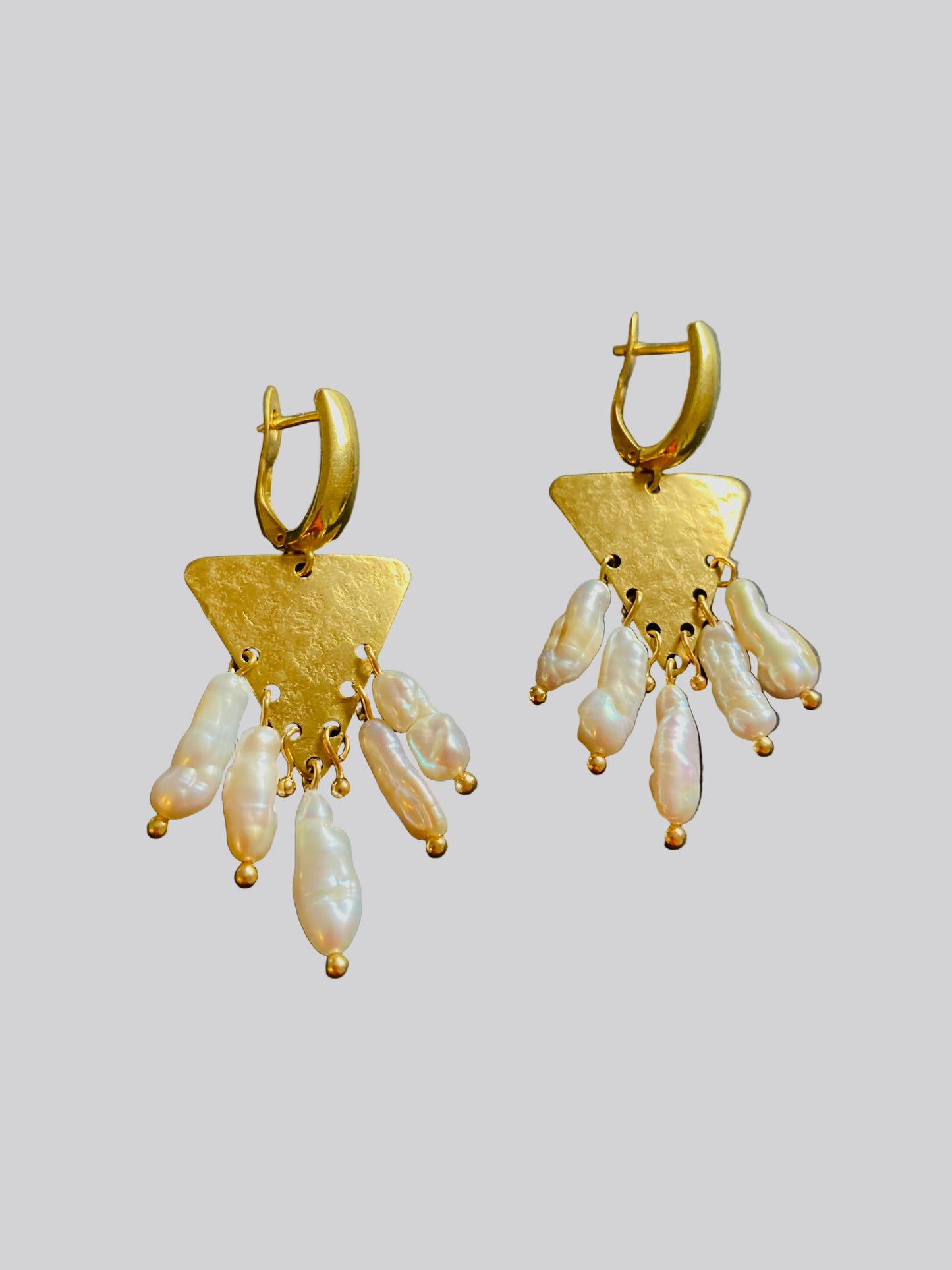 Tulum•Unique Hand Hammered Golden Geometric Freshwater Pearl Earrings