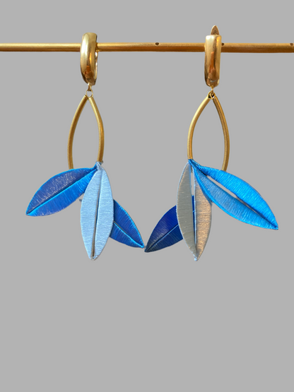 Statement Hand-wrapped Silky Thread Mixed Sky Blue Tree Leaf Floral Earrings