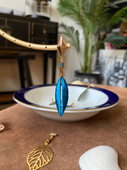 Interchangeable Gold Shiny Peacock Blue Silky Thread Leaf Dangling Earrings