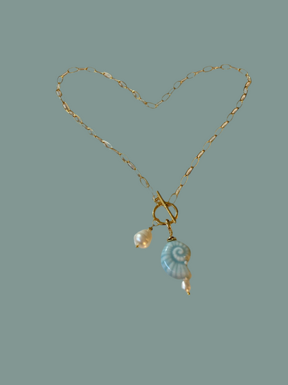 Fun Chic Golden Necklace with Natural Freshwater Pearl & Ceramic Interchangeable Shell Charm