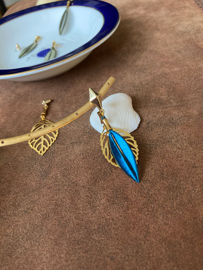 Interchangeable Gold Shiny Peacock Blue Silky Thread Leaf Dangling Earrings