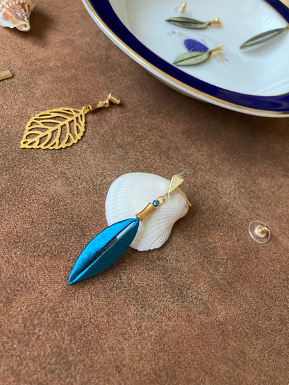 Interchangeable Gold Shiny Peacock Blue Silky Thread Leaf Dangling Earrings