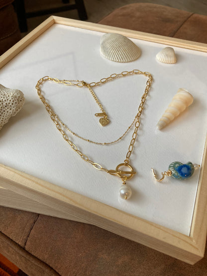 Fun Chic 6+Way to Style Interchangeable Double Layer Golden Necklace with Natural Freshwater Pearl & Ceramic Shell Charm