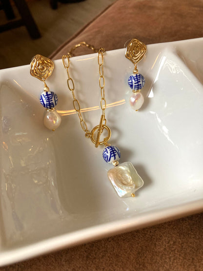 Set-Statement Golden Baroque Pearl Necklace & Stud Earrings Set with Hand Painted Ancient Chinese Character of Long-Life Ceramic Beads