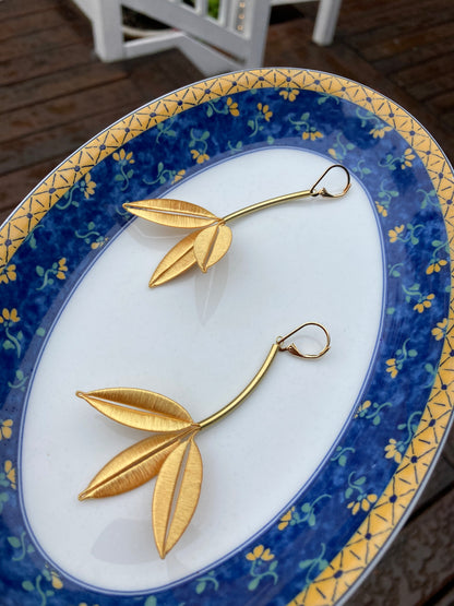 Unique Design Hand-wrapped Royal Blue Silky Thread Tree Leaf Floral Earrings