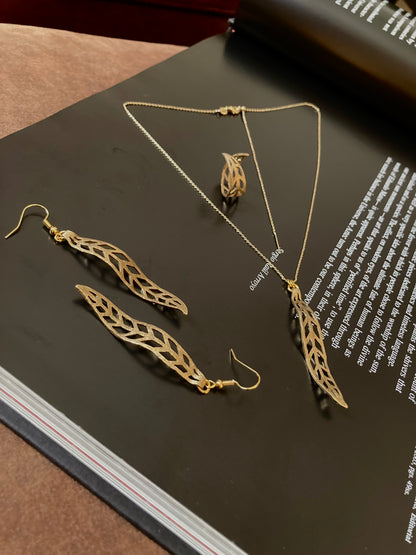Discovery-Set-Golden Leaf Earrings+Necklace+Ring One of a Kind Set