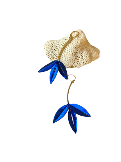 Unique Design Hand-wrapped Royal Blue Silky Thread Tree Leaf Floral Earrings