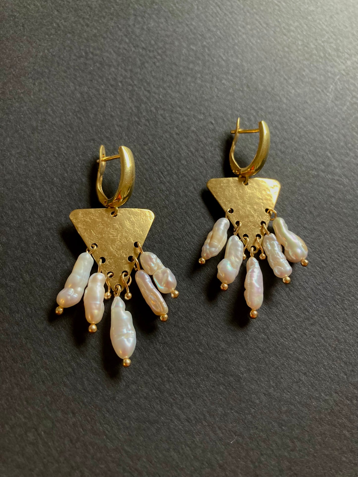 Tulum•Unique Hand Hammered Golden Geometric Freshwater Pearl Earrings