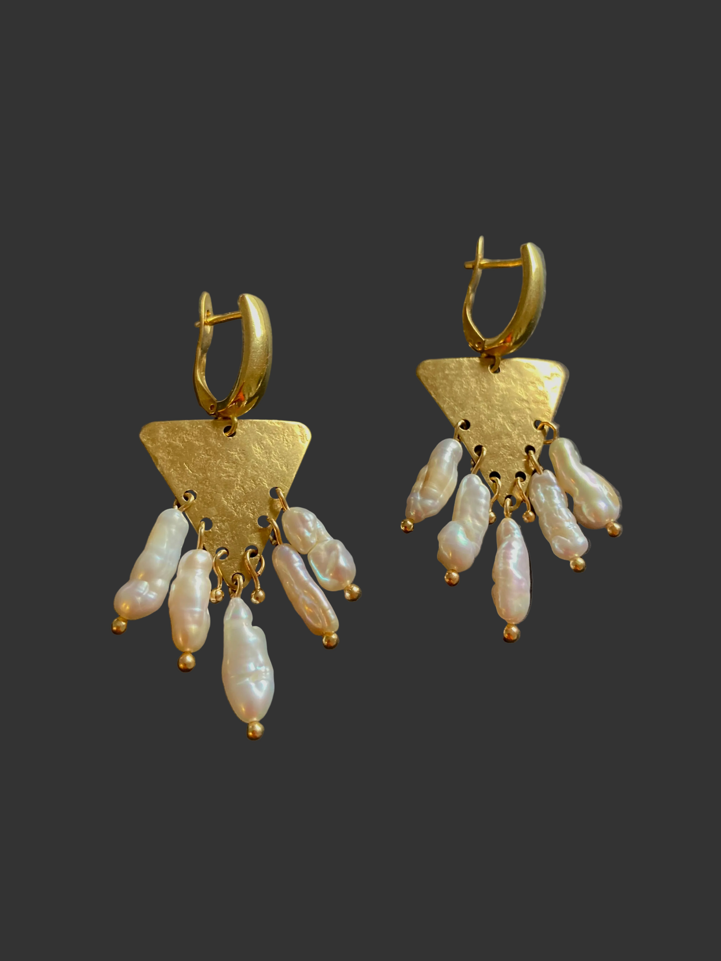 Tulum•Unique Hand Hammered Golden Geometric Freshwater Pearl Earrings