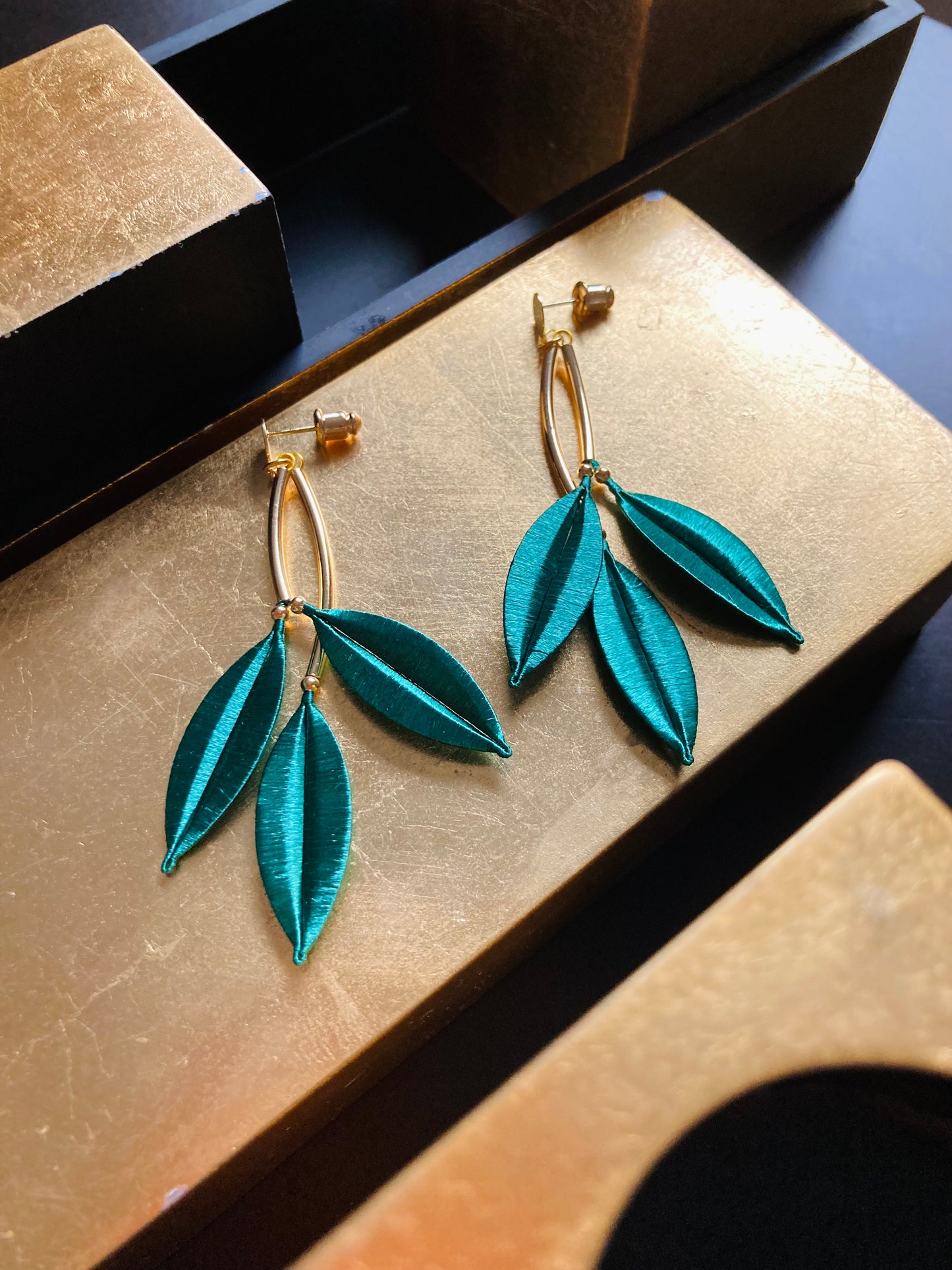Statement Golden Hand-wrapped Silky Green Leaf Floral Earrings