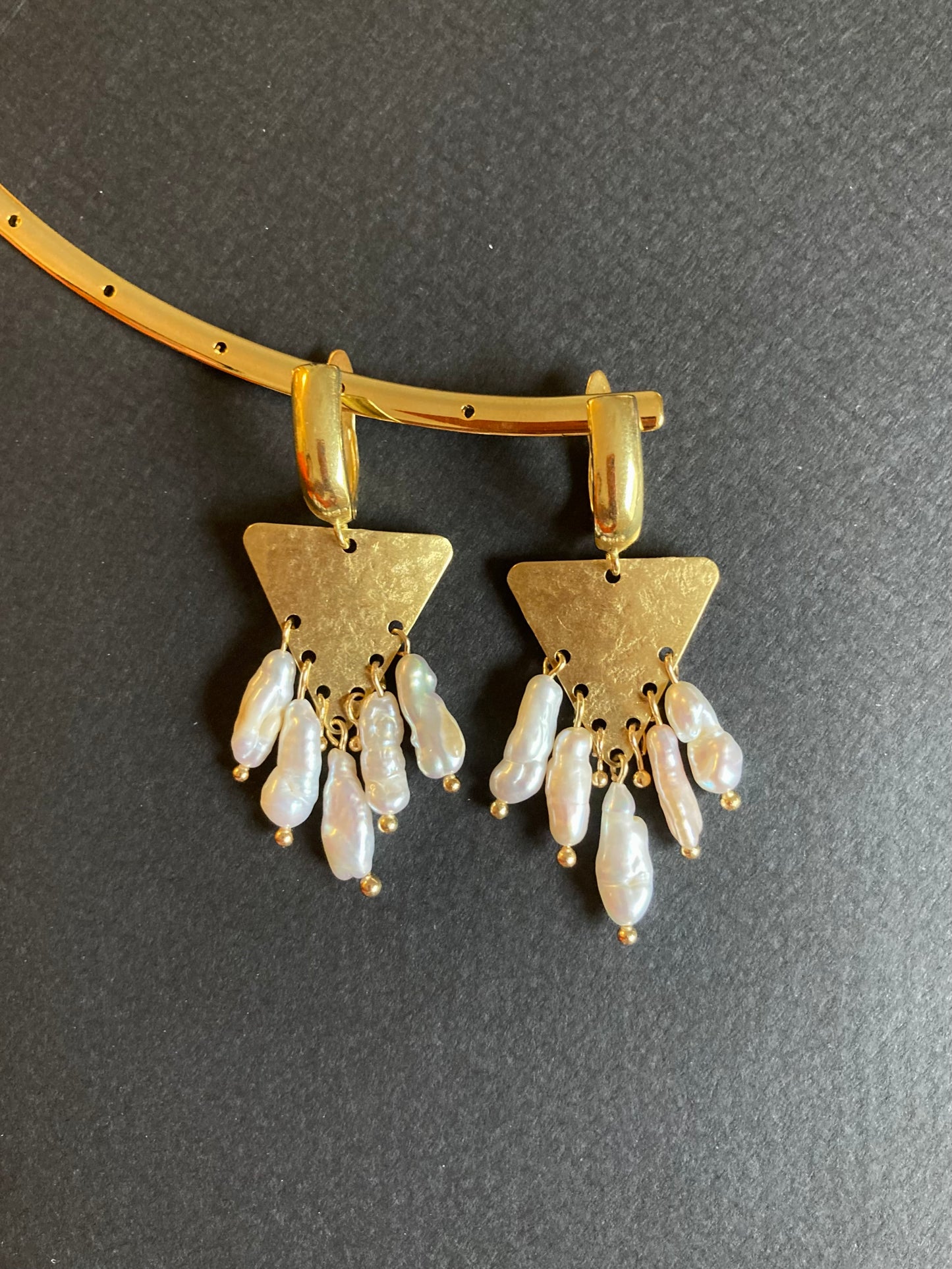 Tulum•Unique Hand Hammered Golden Geometric Freshwater Pearl Earrings